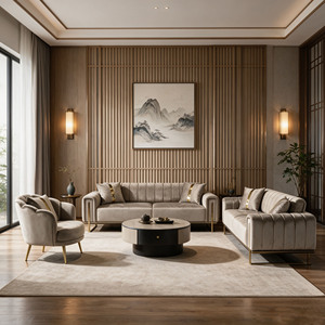 PZCN <span class=keywords><strong>HOME</strong></span> Vente en gros Usine OEM Ensemble complet de canapés de salon en velours gris capitonné style Art Déco avec métal doré pour salon et hôtel - Product Image 4