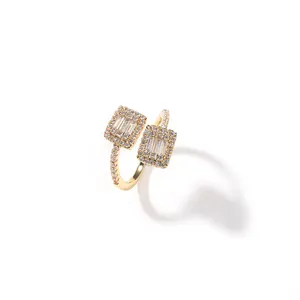 Hiisees Baguette CZ尺寸戒指方形钻石黄铜18k珠宝镀金闪亮女性戒指