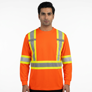 T-shirts à manches longues haute visibilité, vêtements de sécurité réfléchissants, t-shirts X dos, hommes, t-shirt de travail haute visibilité personnalisé, orange, avec poignets côtelés - Product Image 1