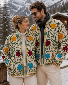 Chaqueta de Algodón Bordada con Flores de Terciopelo, Tejida a Mano, Premium, con Cuello Alto y Tela Transpirable para Mujer |   Boutique de Diseño Artesanal - Product Image 1