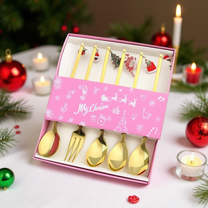 Ensemble de cuillères et fourchettes à thème de Noël, 6 pièces, en métal doré, pour décorations de fêtes de fin d'année - Product Image 2