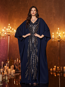 <span class=keywords><strong>Robe</strong></span> de soirée élégante pour femmes, col en V, manches chauve-souris, <span class=keywords><strong>longue</strong></span>, luxueuse, haut de gamme, avec des paillettes, des dentelles, des patchwork, en satin mat <span class=keywords><strong>bleu</strong></span> <span class=keywords><strong>marine</strong></span> - Product Image 3