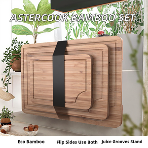 เขียงไม้ไผ่คาร์บอนไนซ์ 4 ชิ้น Astercook พร้อมที่วางเก็บ ดีไซน์กลับด้านได้ ร่องสำหรับน้ำผลไม้ ด้ามจับกันลื่น - Product Image 2