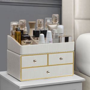 MAVOBO Light Luxury Leather Desktop Exquisite Assembly Double Tier Makeup Cosmetic <b>Storage</b> <b>Box</b> <b>Drawer</b> Organizer - Product Image 2