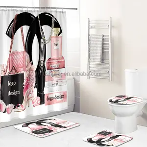 Custom 3D Digital Print Designers Logo Luxury Bathroom Rug Sets Famous Name Brand Shower Curtain and Mats