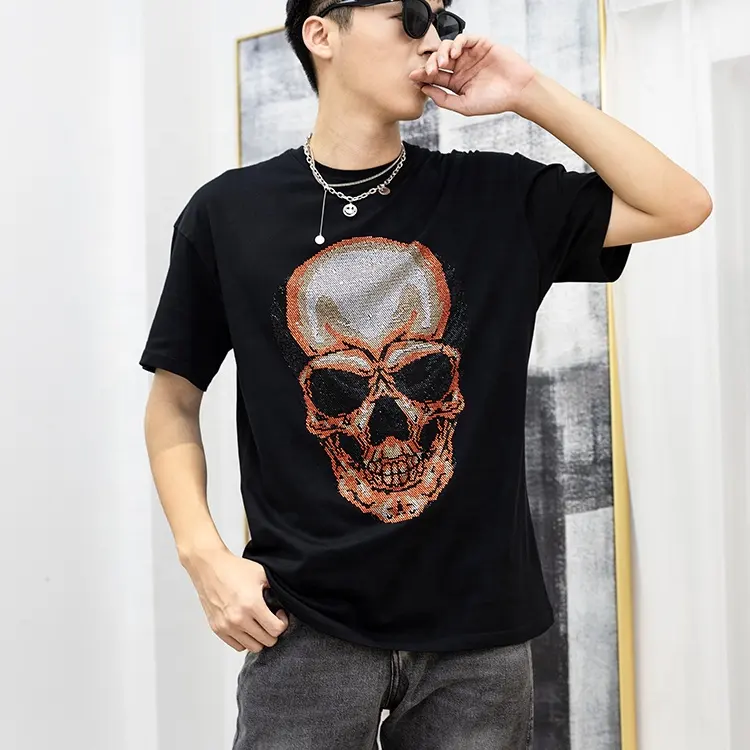 Camiseta básica de strass com estampa de caveira, camiseta masculina