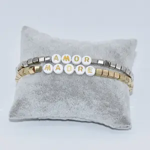 Gold plated 4mm square CCB ABS beads with custom words LOVE GRANDMA GRANDPA AMOR MADRE stretch bracelet