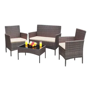 Patio Furniture 4 Pieces Conversation Sets Outdoor Wicker Rattan Chairs Garden With Soft Cushion And Glass Table