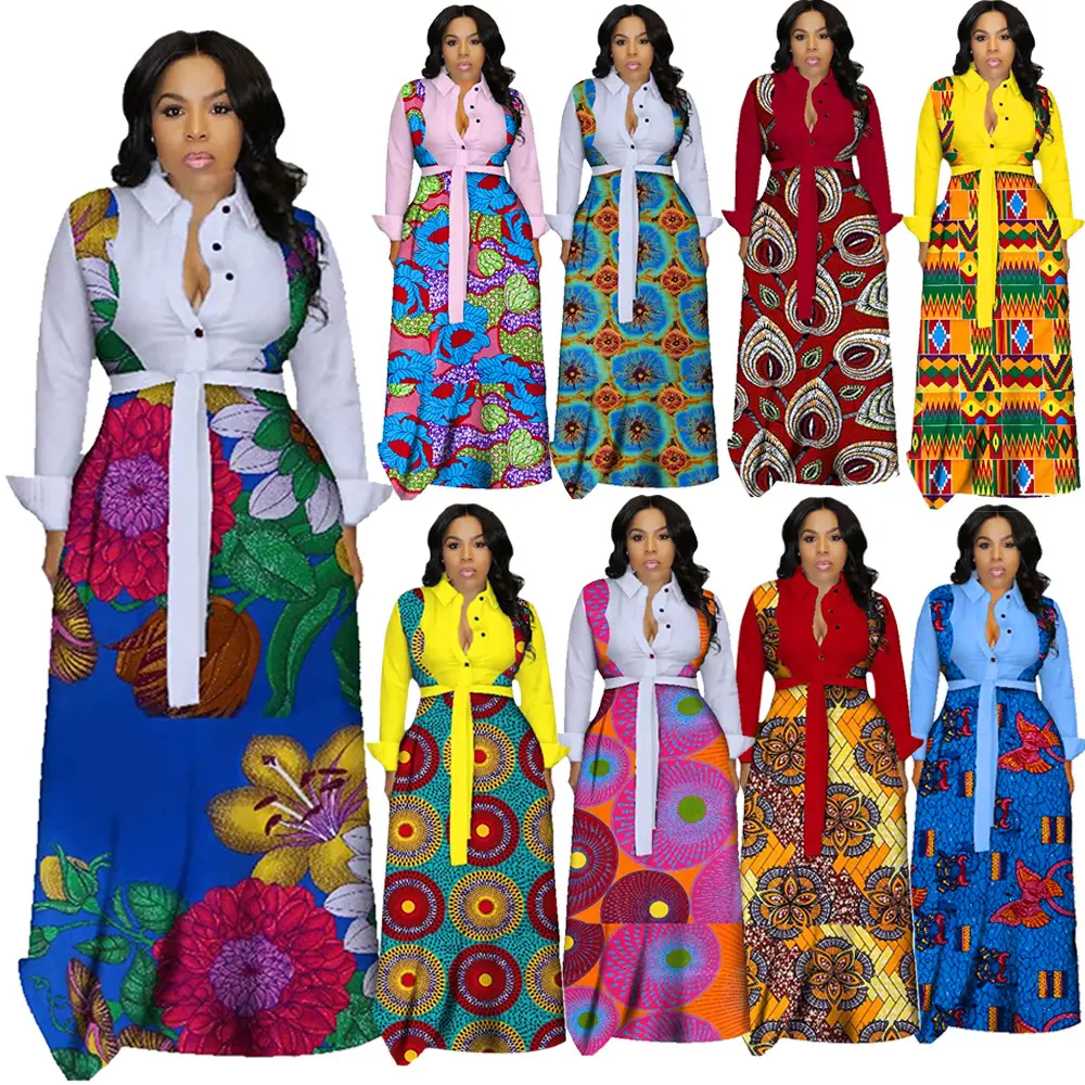 New Fashion Autumn African Digital Printing Long Sleeve Casual Dresses 3Xl Women'S Shirt Long Dresses With Belt