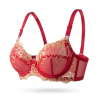 Soutien-gorge en dentelle rouge à broderie dorée, avec nœud et anneau en cristal, bretelles réglables, vente en gros d'usine pour femmes