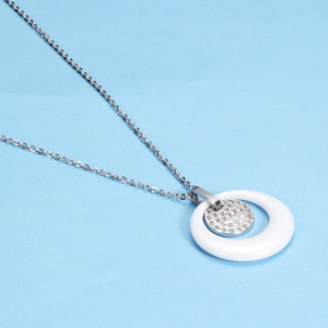 Fashion Pendant <b>Necklace</b> Black And White Ceramic Round Double Layer Pave Setting Geometric Design <b>Couple</b> Jewelry Gift Daily Wear - Product Image 2