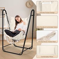 Support de chaise hamac en métal durable en forme de U, style bohème, avec appui-tête à pompons et poches latérales pour usage extérieur