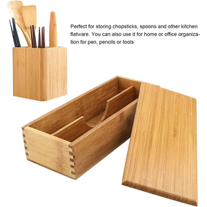 Bamboo Cutlery <b>Storage</b> <b>Box</b> With Lid Rectangular Compartments For Knives Forks Spoons Chopsticks <b>Kitchen</b> Drawer Organizer - Product Image 5