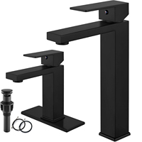 Robinet de lavabo noir mat à poignée unique, à poser sur le comptoir, avec siphon céramique escamotable, flexibles d'alimentation, design carré moderne, 2 trous