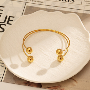 Stainless Steel <b>Bracelet</b> Gold Plated Geometric Double <b>Ball</b> Open Design Women's Jewelry Fashion Trendy Style - Product Image 2