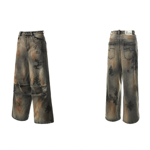 Jean en denim premium pour hommes, coupe droite vintage, effet vieilli, teint à la <span class=keywords><strong>boue</strong></span>, plissé, style baggy, pour femmes, jean homme - Product Image 1
