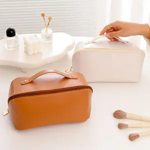 Portable Makeup Bag Waterproof Anti-dust Large Leather Cosmetic Bag Opens Flat Lay Makeup Bag With Strap For Travel For Women