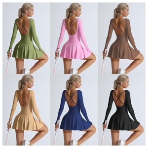 Gaun Yoga wanita lengan panjang, rok tenis ketat punggung cantik, Rok lipit tepi Anti paparan, Rok Yoga nyaman leher persegi, rok Gym Gather - Product Image 2