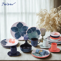 Ensemble d'assiettes et de plats en grès céramique écologique avec motifs d'impression de feuilles blanches et vertes avec assiette pour la maison