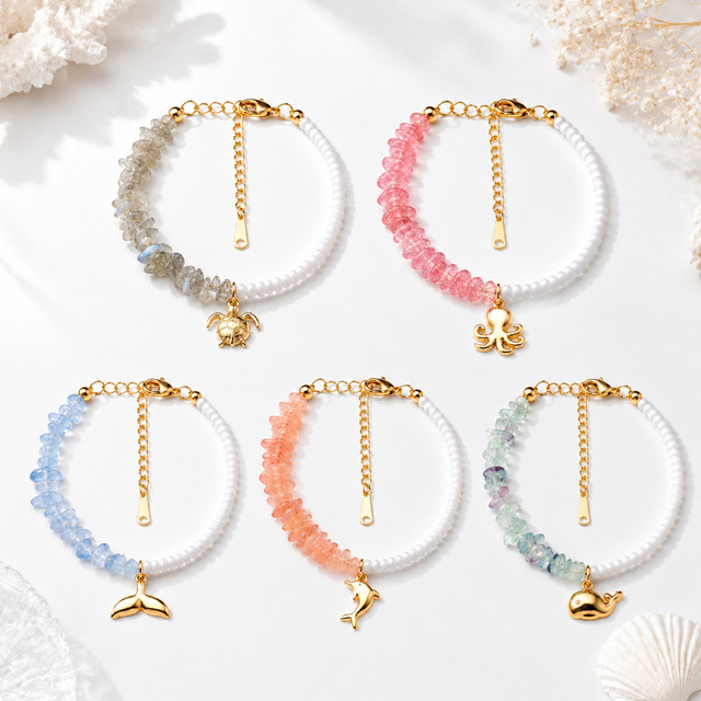 Newest Beach Waterproof Gold Stainless Steel Star Crab Charm Bracelet With Quartz Chips Stones Beaded Adjustable Bracelets Gifts