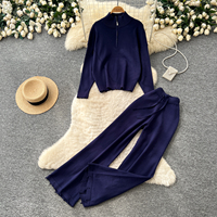 Ensemble décontracté pour femmes, haut en tricot à col montant et demi-zip, pantalon large, tenue élégante et décontractée pour l'automne, ensemble deux pièces