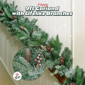 LINGKAI Pre-lit Flocked <b>Christmas</b> Garland with <b>LED</b> Lights Pine Cone Red Berry Artificial Greenery Mantel Fireplace Holiday Decor - Product Image 3
