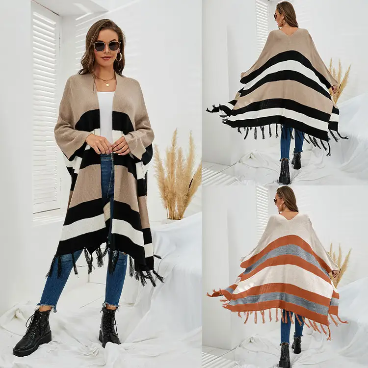 2022 Autumn Winter Amazon Women's Large Size Tassels Ins Knitted Sweater Wrap Drop Shoulder Striped Coat Cardigan