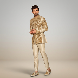 BEAUTIFUL DESIGNER ZARI EMBROIDERY on GROOM COAT & <b>PANT</b> WITH MATCHING SHOE WITH EMBELLISHED CRYSTAL GLASS BEADS,DABKA WORK=2024 - Product Image 3
