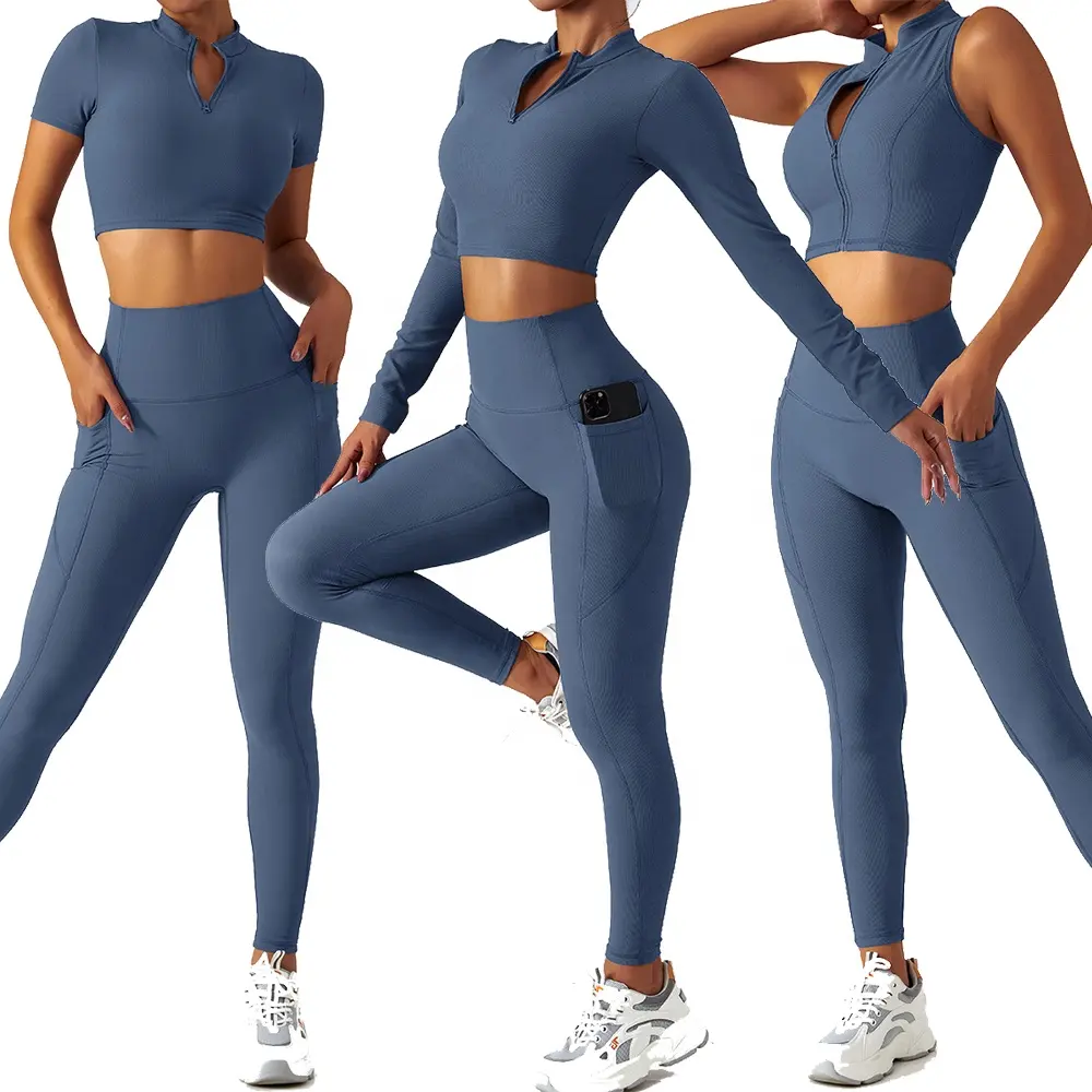 2022 New Ribbed Sportswear Women Workout Zipper Bra Long /Short Sleeve Crop Top Pockets Leggings 2/3/4 pcs Gym Fitness Yoga Sets