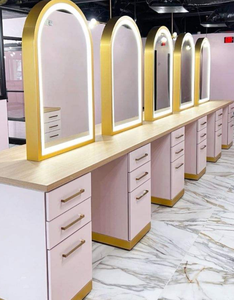กระจกแต่งหน้าสองด้านไม้วอลนัท พร้อมเฟอร์นิเจอร์ร้านเสริมสวยทำจาก MDF ทนทาน มีพื้นที่จัดเก็บหลายช่องสำหรับร้านตัดผม - Product Image 3