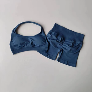 Completi da Allenamento ad Alto Impatto <span class=keywords><strong>per</strong></span> Donna 2 Pezzi Reggiseni Sportivi Allacciati al Collo con Incrocio Frontale e Pantaloncini Aderenti da Esercizio <span class=keywords><strong>Palestra</strong></span> Yoga Fitness all'Ingrosso - Product Image 5