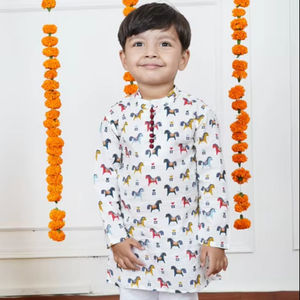 Conjunto de Kurta con Estampado de Caballo Blanco y Pijama Blanco para Niños, Ropa Tradicional Étnica Infantil, Traje de Kurta y Pijama para Fiestas y Bodas - Product Image 1