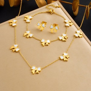 Gold Plated Stainless Steel Bow Pendant Necklace Earrings <b>Bracelet</b> <b>Set</b> Women's Everyday Wear Jewelry Three Piece <b>Set</b> - Product Image 1