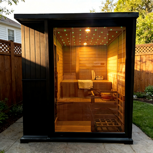 Sauna Residencial Cuadrada Negra, Calentador de 6kW, Interior de Cedro Rojo y Exterior de Madera de Hemlock - Product Image 1