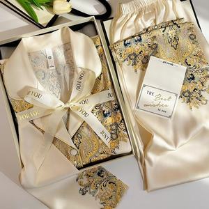 طقم بيجامة ساتان نسائي فاخر من قطعتين بتطريز أساسي عادي قابل للتخصيص، ملابس نوم نسائية من الحرير - Product Image 1