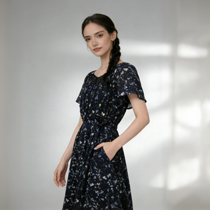Summer Navy Blue Floral Midi Dress Elegant Short Sleeve Casual Dress High Waist Flowy A-line for Beach <strong>Vacation</strong> - Product Image 2