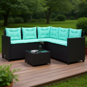 L Shaped <b>Black</b> Poly Rattan Patio <b>Sofa</b> With <b>Table</b> And Cushions Outdoor Furniture Set - Product Image 2
