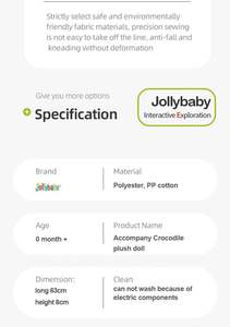 Jollybaby Juguete de Peluche de Cocodrilo Medidor de Altura, Regla de Medición, Juguete Musical Multitexturado para Tiempo Boca Abajo con Sonajeros - Product Image 6