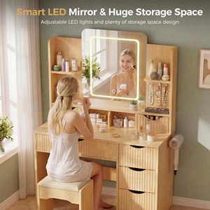 SENYU Coiffeuse Moderne en Bois avec Miroir LED, Tiroirs de Rangement, Crochets à Bijoux et Support pour Sèche-Cheveux, Meuble de Chambre - Product Image 2