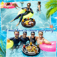 Grand plateau flottant pour boissons, noir, rond, 5 trous pour gobelets, table de piscine gonflable, plateau de service portable pour collations