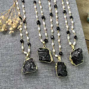 LS-B1591 Gold plating necklace natural black tourmaline raw stone necklace gemstone black onyx pearl rosary chain necklace