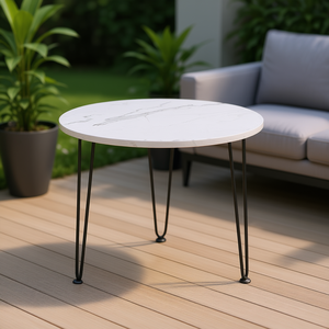 Tavolino da Caffè da Esterno con Piano in Marmo Bianco e Gambe a Treppiede in Metallo Nero, Arredamento per Soggiorno all'Aperto - Product Image 2