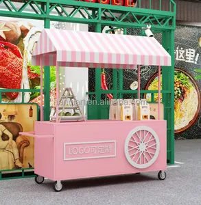 Wedding Party Prop Metal Food Cart Statues Outdoor Amusement Park Money Make Tool Life Size Pink Metal Hand Pushed Food Cart