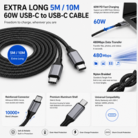 Câble USB C vers USB C 60W PD, 5m 10m, extra long, tressé, type C, charge rapide, coque en alliage gris, synchronisation des données, pour bureau et maison