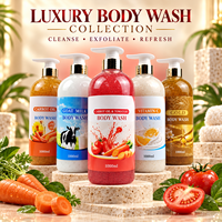Collection de gels douche exfoliants au lait de chèvre, tomate et carotte, enrichis en vitamine C, 1000 ml, 5 variantes pour une peau plus lisse et éclatante, marque privée