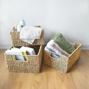 Ensemble de paniers de rangement en paille tressée faits à la main de style japonais, rectangulaires, petits, moyens et grands, pour salle de bain, cuisine, salon, chambre à coucher - Product Image 1
