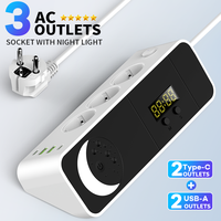 Multiprise Vinisem 2M EU avec horloge numérique et veilleuse LED, 3 prises CA, 2 USB-A, 2 Type-C, multi-prises CE ROHS