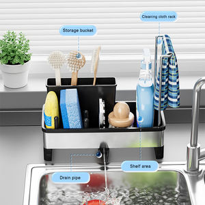 Organisateur d'évier en acier inoxydable, organisateur de cuisine avec porte-éponge, porte-torchon - Product Image 2