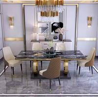 Table à Manger Moderne de Luxe en Marbre Ensemble 6 Chaises avec Plateau en Pierre Frittée Base en Acier Inoxydable Doré pour Bar Salle à Manger Meuble