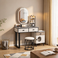 Table de maquillage moderne avec miroir LED ovale, armoire de rangement latérale et tabouret rond, table de toilette pour chambre à coucher